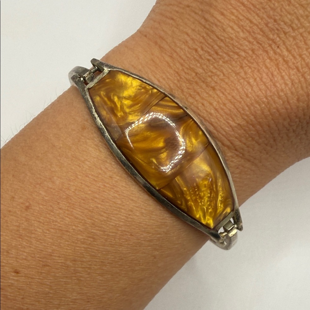 Vintage Alpaca Mexico Silver Brown Swirl Large Bangle Cuff Statement Bracelet